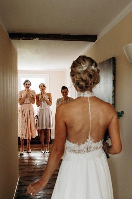 a line halter lace chiffon long beach flowy wedding dress