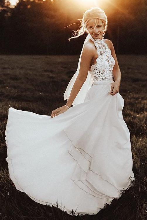 a line halter lace chiffon long beach flowy wedding dress