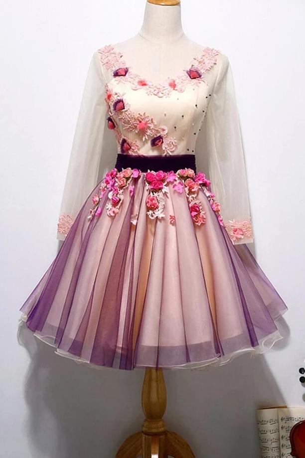 Chic 3D Floral Homecoming Dress Long Sleeve Tulle Short Prom Dress PM02