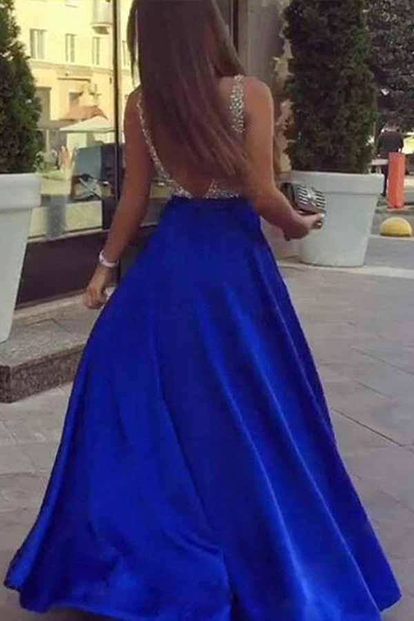 royal blue a line deep v neck beading long prom dresses with pockets