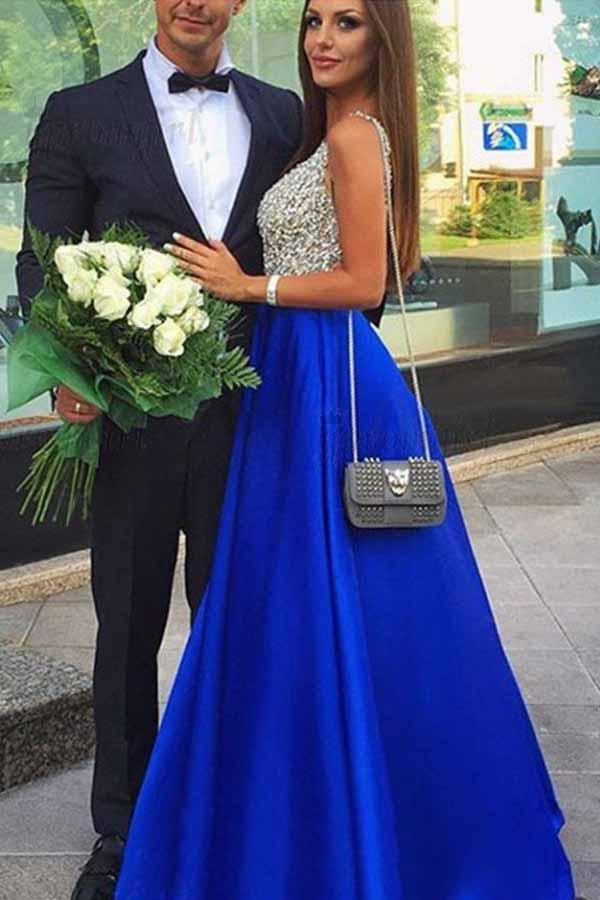 royal blue a line deep v neck beading long prom dresses with pockets