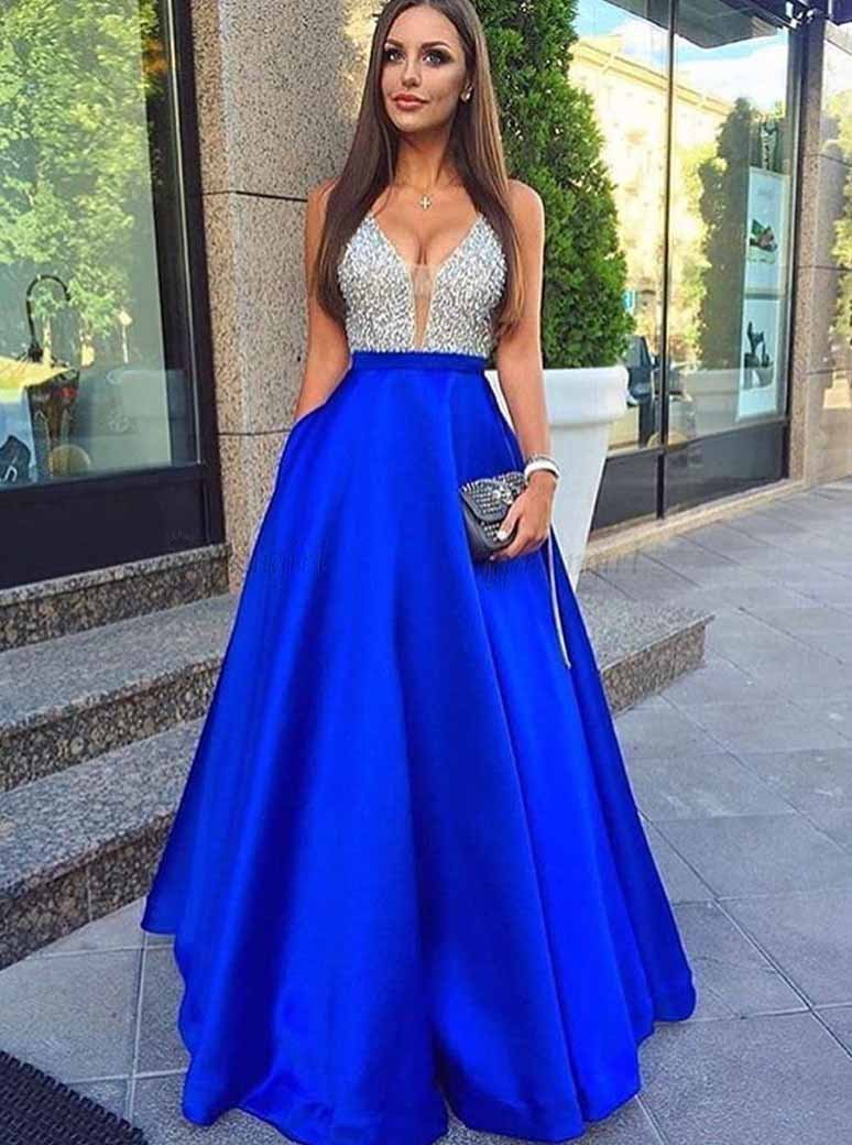 royal blue a line deep v neck beading long prom dresses with pockets