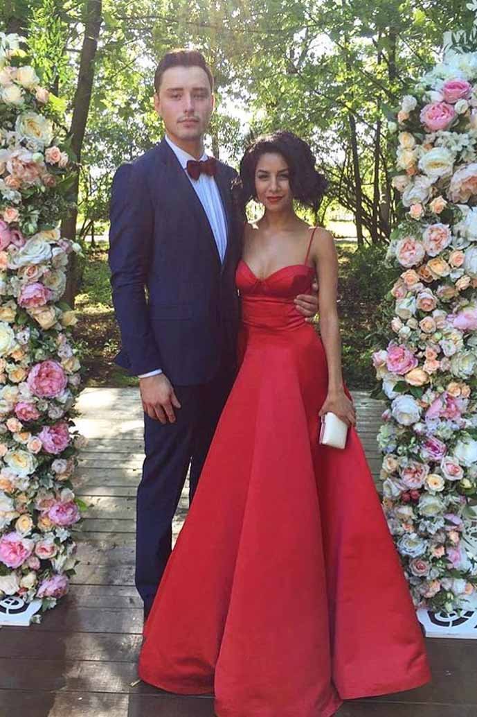 a line spaghetti sweetheart red satin long prom dresses with ruched