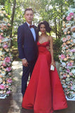 a line spaghetti sweetheart red satin long prom dresses with ruched