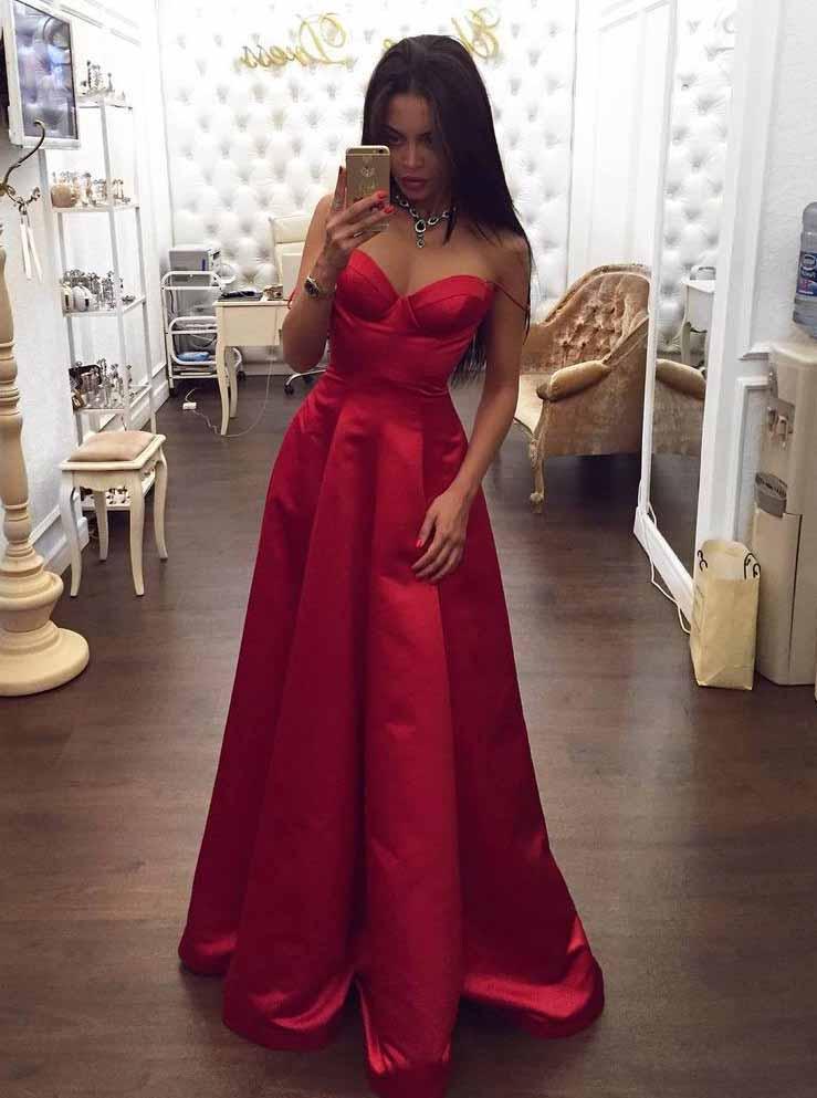 a line spaghetti sweetheart red satin long prom dresses with ruched