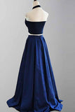 elegant a line two piece halter royal blue satin prom dresses