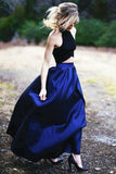 elegant a line two piece halter royal blue satin prom dresses