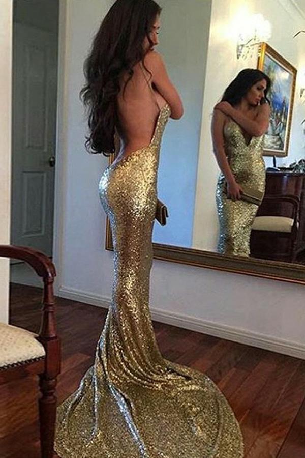 sparkly sequins spaghetti straps backless gold mermaid prom dress