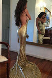 sparkly sequins spaghetti straps backless gold mermaid prom dress