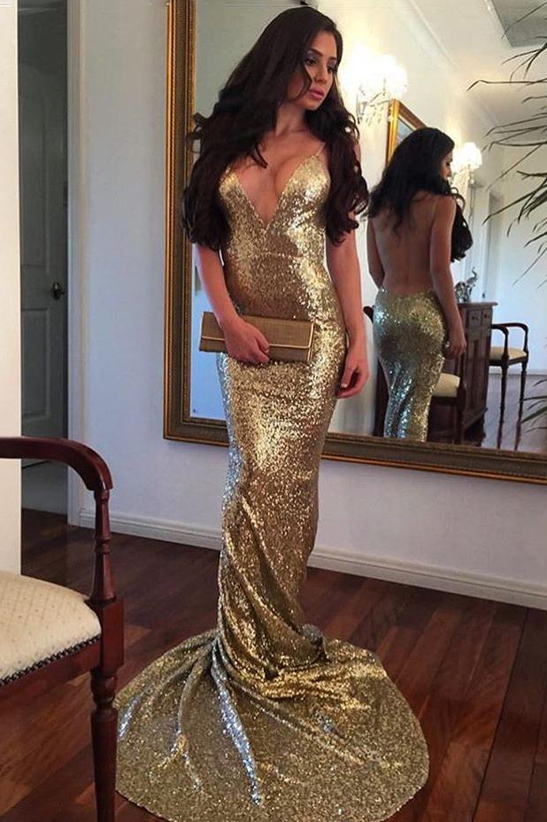 sparkly sequins spaghetti straps backless gold mermaid prom dress