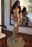 sparkly sequins spaghetti straps backless gold mermaid prom dress