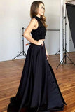 two piece round neck satin beaded lace black prom dresses with slit