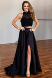 two piece round neck satin beaded lace black prom dresses with slit