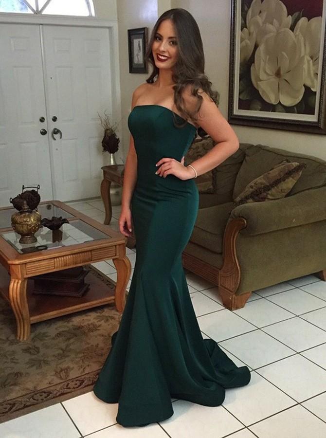 dark green elastic satin mermaid strapless prom evening dress