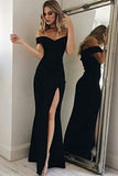 off shoulder sheath split black long prom dress black evening gown