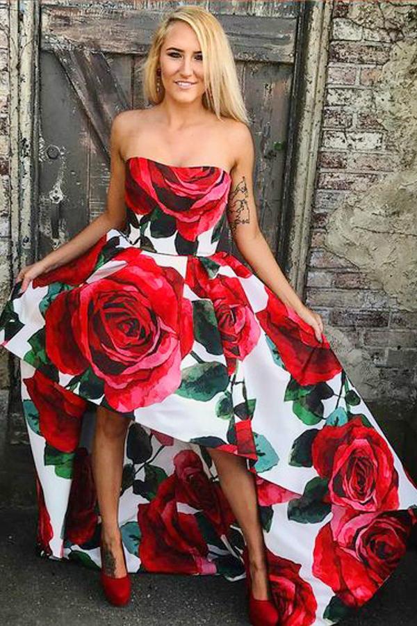 sweetheart high low red rose floral print strapless prom dress