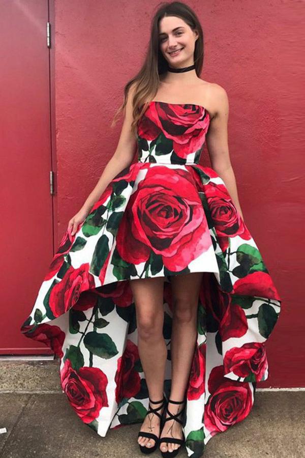 sweetheart high low red rose floral print strapless prom dress