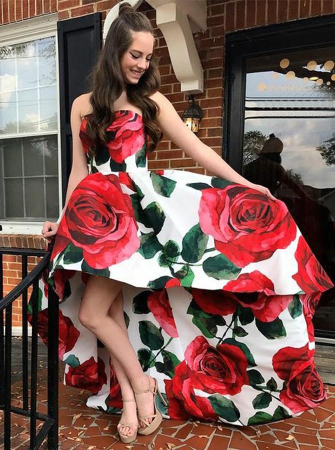 sweetheart high low red rose floral print strapless prom dress