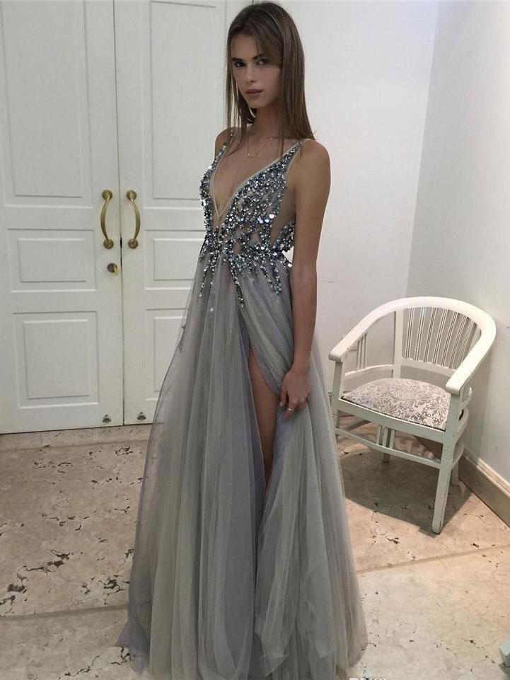 plunging neckline long prom dress sequins slit backless evening dress