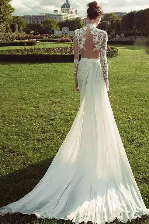 gorgeous lace long sleeve high neck chiffon wedding dress with side slit