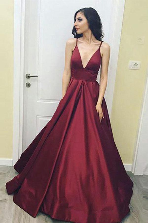 a line deep v neck satin burgundy long prom dress with pockets