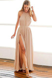 backless chiffon long prom dress a line halter blush evening dress