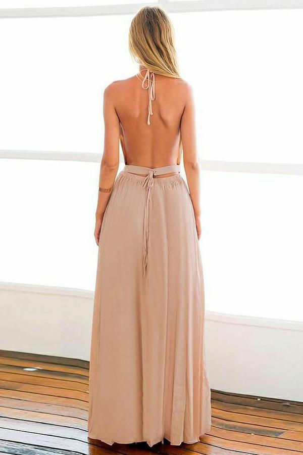 backless chiffon long prom dress a line halter blush evening dress