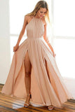 Backless Chiffon Long Prom Dress, A-Line Halter Blush Evening Dress MP286