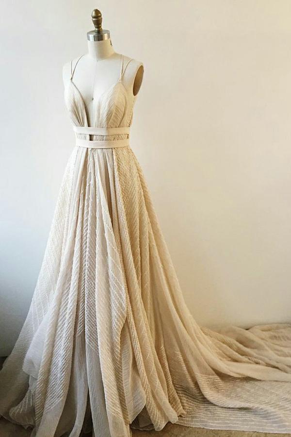 elegant spaghetti straps a line v neck lace long prom dress
