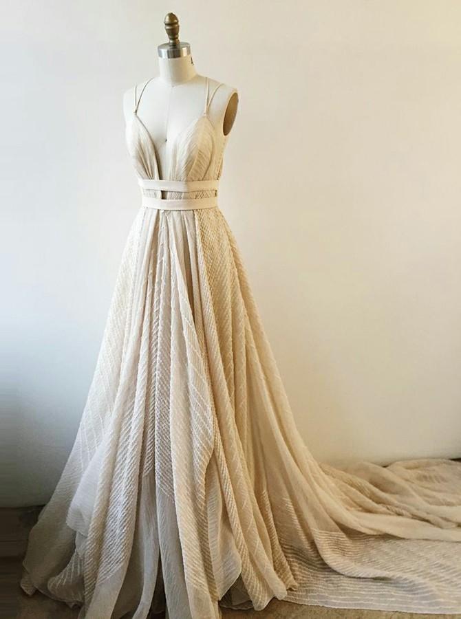 elegant spaghetti straps a line v neck lace long prom dress