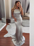 silver backless formal prom dresses sequins mermaid halter evening dress