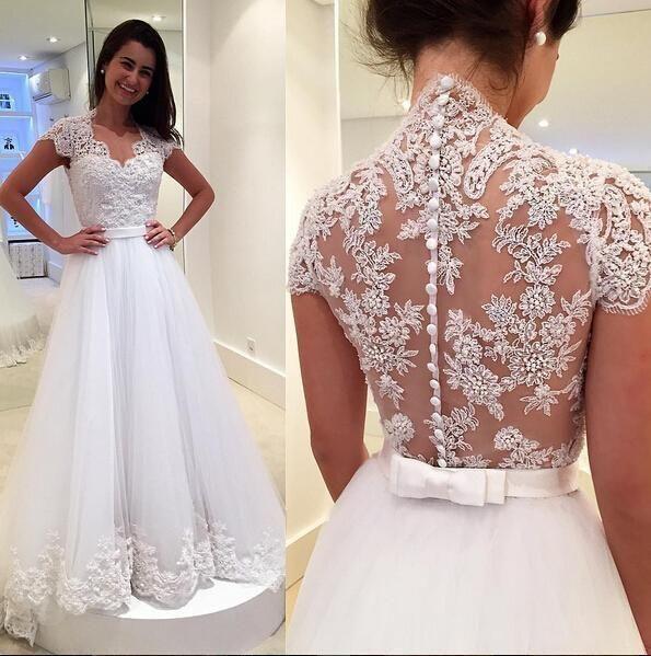 cap sleeve tulle white lace wedding dress elegant a line bridal gowns
