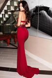 high neck mermaid prom dress open back dark red lace evening dress