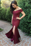 burgundy prom dresses mermaid off the shoulder with split