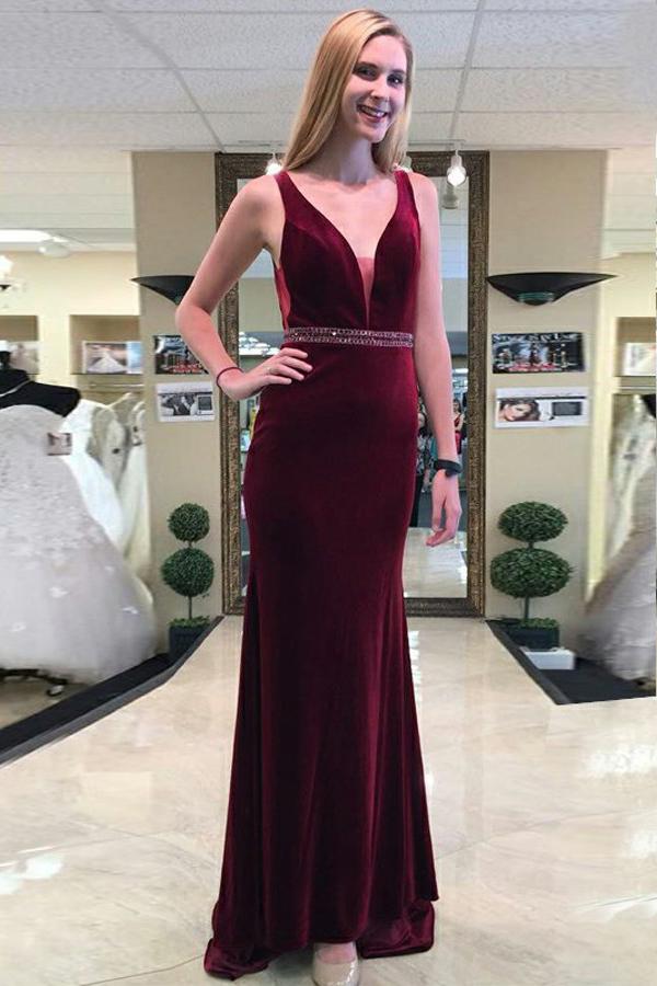 sheath backless prom dresses v neck burgundy beading formal evening dress