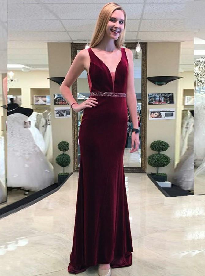 sheath backless prom dresses v neck burgundy beading formal evening dress