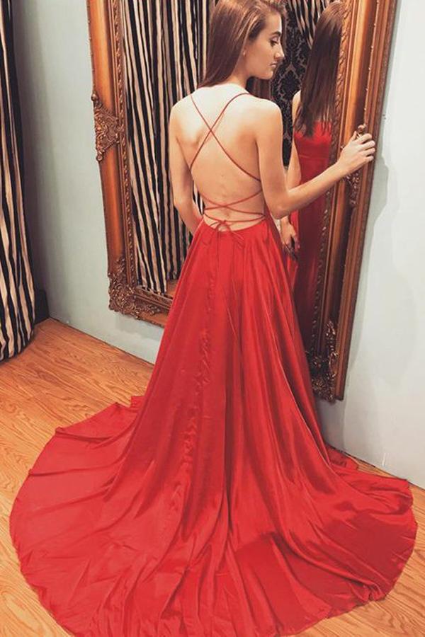 simple backless long prom dress a line halter red evening dress with slit