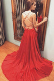 simple backless long prom dress a line halter red evening dress with slit
