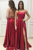 Simple Backless Long Prom Dress, A-Line Halter Red Evening Dress With Slit MP277