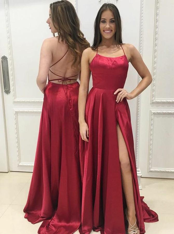 simple backless long prom dress a line halter red evening dress with slit