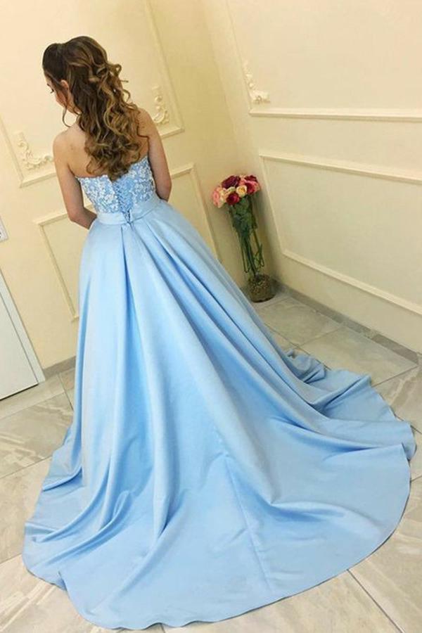 a line sweetheart light blue ball gown prom dress with appliques