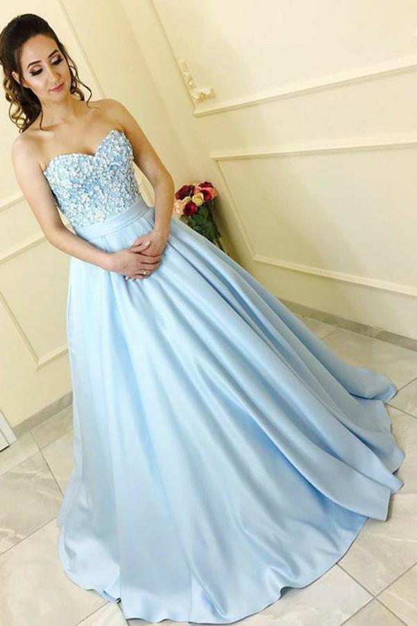 a line sweetheart light blue ball gown prom dress with appliques