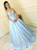 a line sweetheart light blue ball gown prom dress with appliques