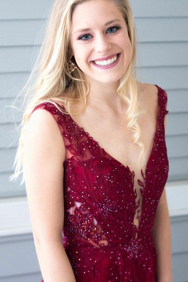 burgundy long prom dress appliques beading a line v neck with slit