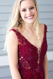 burgundy long prom dress appliques beading a line v neck with slit