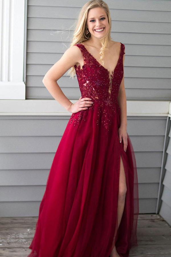 burgundy long prom dress appliques beading a line v neck with slit
