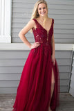 Burgundy Long Prom Dress Appliques Beading A-Line V-Neck With Slit MP268