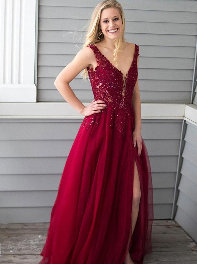 burgundy long prom dress appliques beading a line v neck with slit