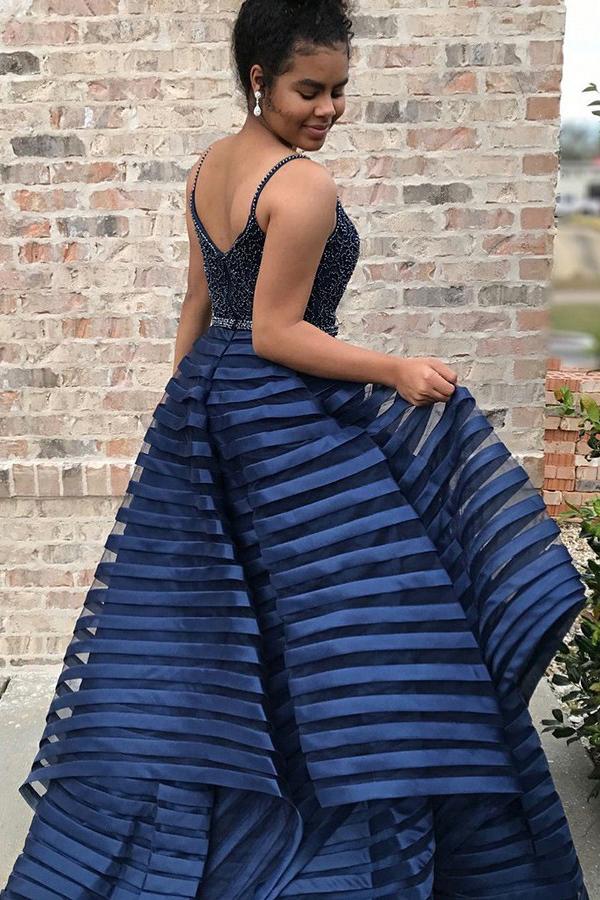spaghetti straps royal blue striped plus size prom dress with beading