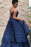 spaghetti straps royal blue striped plus size prom dress with beading